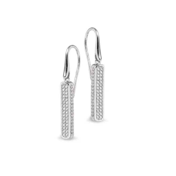 Party Earrings-Platinum Finish Sterling Silver Micropave 3 Sided Bar Earrings with Simulated Diamonds