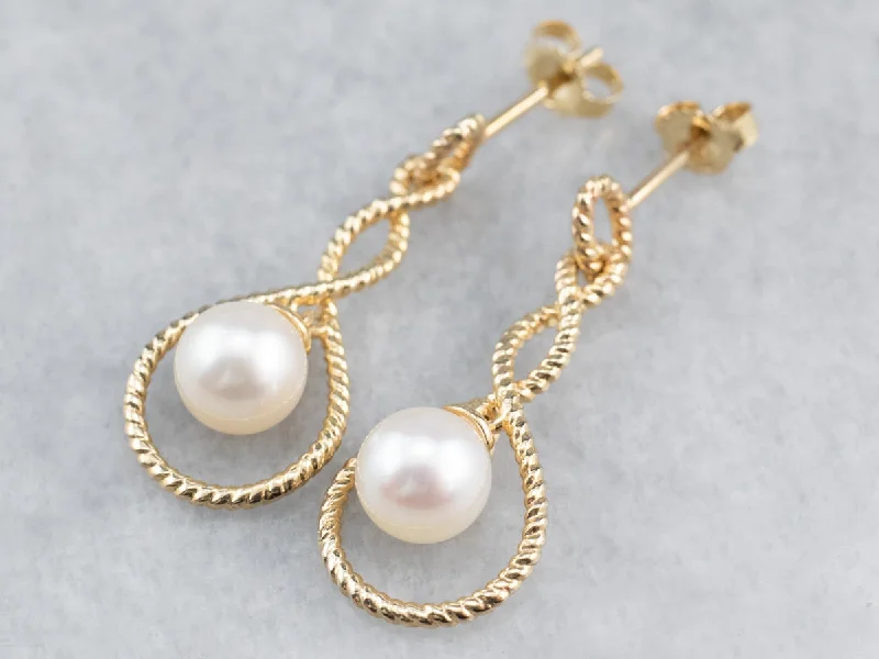 Summer Earrings-Pearl Gold Twisted Wire Drop Earrings