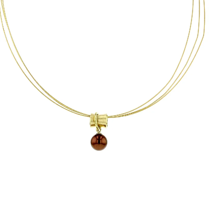 Silver Pendant Necklaces-18K Yellow Gold 3-Wire Brown Pearl Necklace