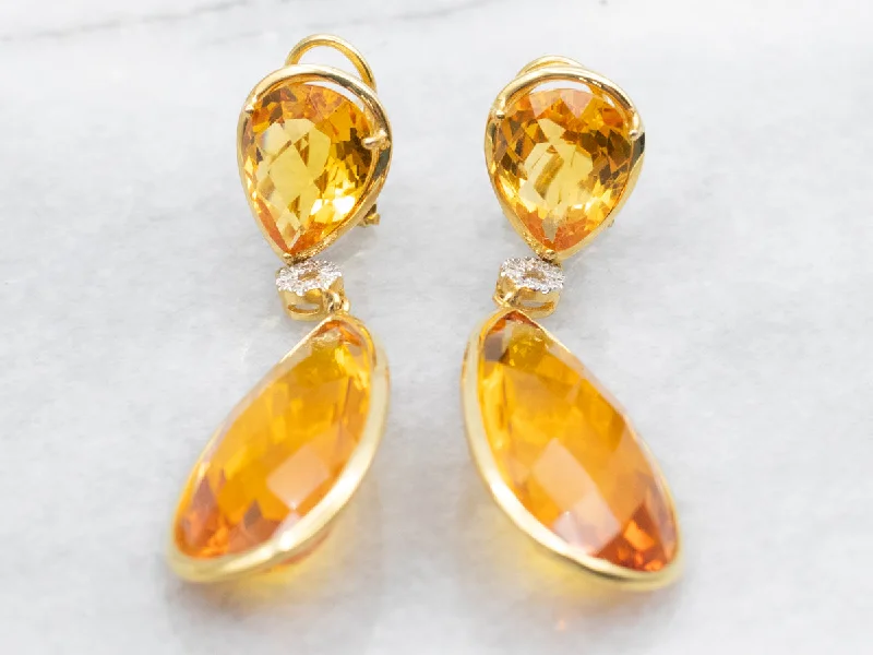 Chunky Drop Earrings-Gold Teardrop Citrine and Diamond Drop Earrings