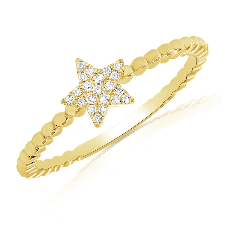 Silver Wedding Bands for Women-14K Yellow Gold Diamond Star Beaded Ring