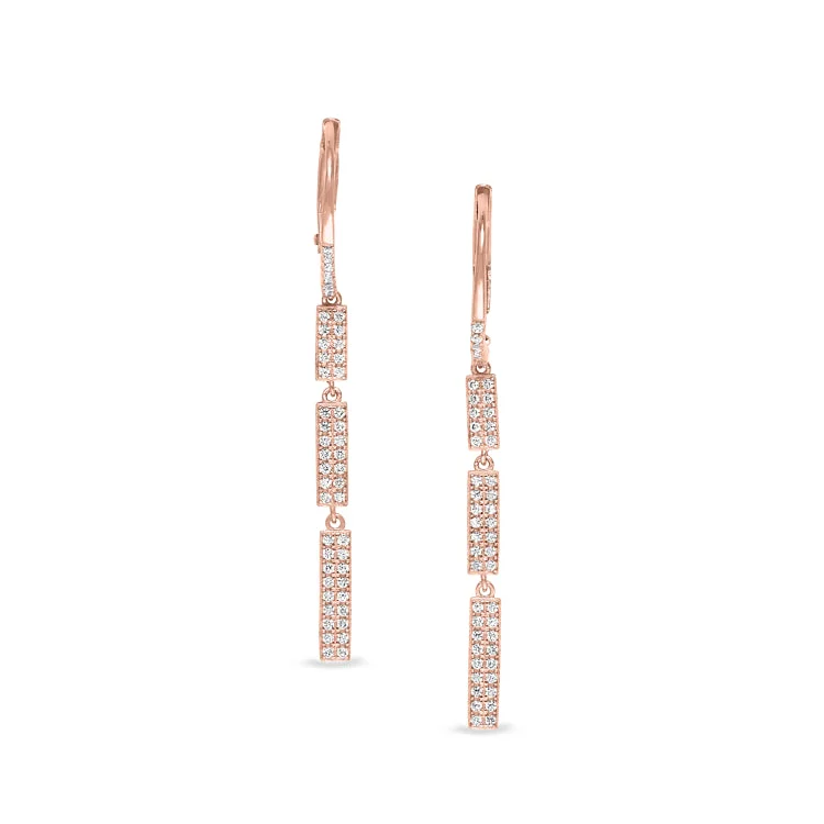 Trendy Hoop Earrings-Rose Gold Finish Sterling Silver Micropave Three Bar Drop Earrings with Simulated Diamonds