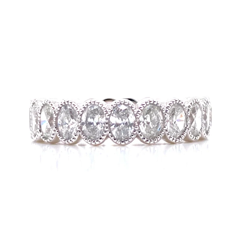 Silver Eternity Rings-14K White Gold Oval Diamond Milgrain Eternity Band