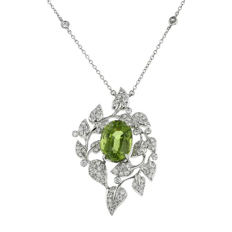 Elegant Necklaces-18K White Gold Peridot and Diamond Pendant Necklace