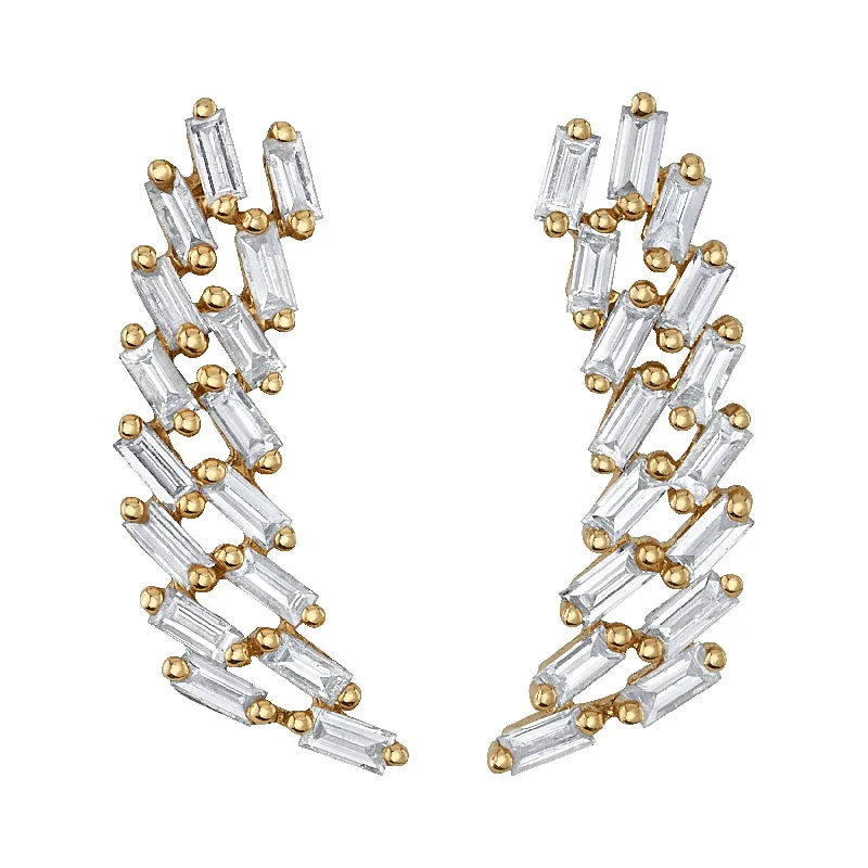 Fashionable Earrings-Diamond Baguette Cluster Earrings, Pair