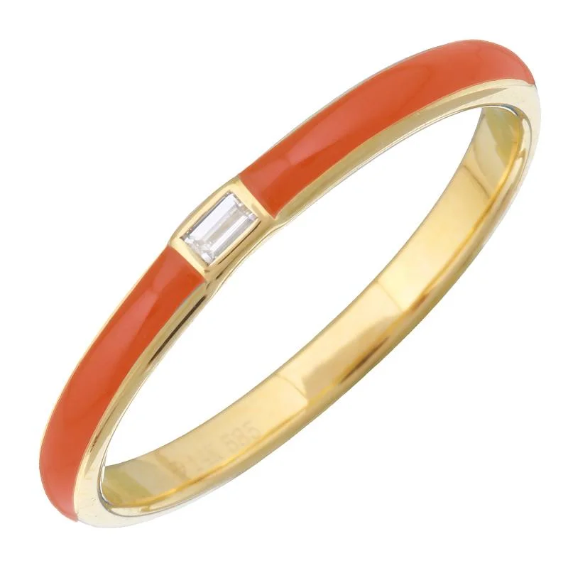 Gold Stackable Rings-14k Yellow Gold Orange Enamel & Diamond Ring