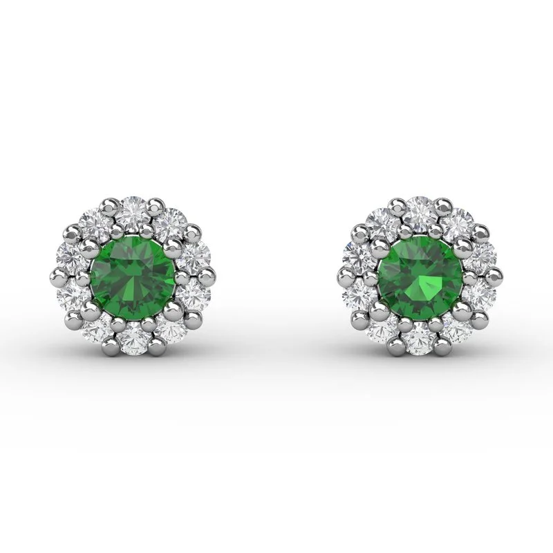 Double Stud Earrings-Shared Prong Emerald and Diamond Stud Earrings ER1514E