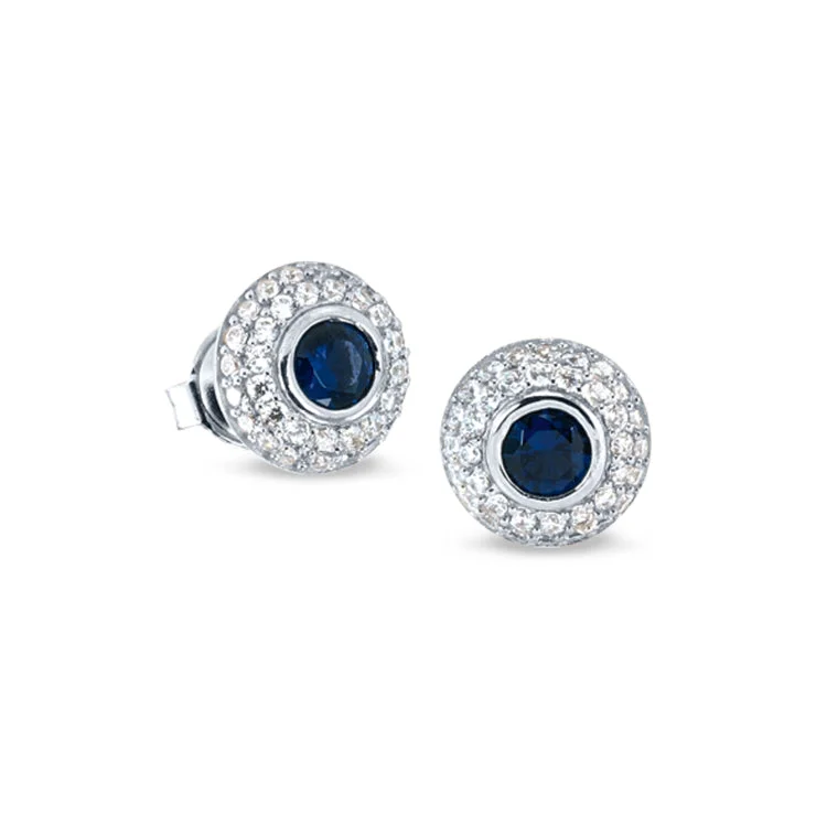 Iridescent Earrings-Platinum Finish Sterling Silver Micropave Earrings with Synthetic Blue Sapphire and Simulated Diamonds