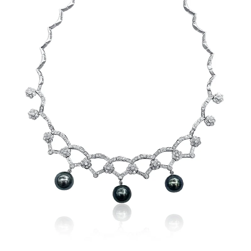 Gold and Silver Necklaces-Diamond and Black Pearl Fancy Necklace in 14K White Gold