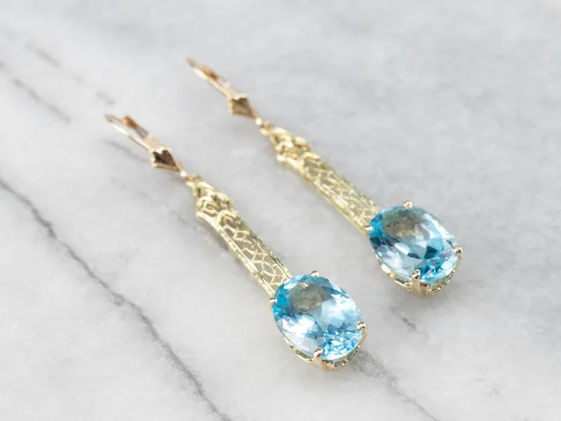 Resin Earrings-Blue Topaz Gold Filigree Bar Drop Earrings