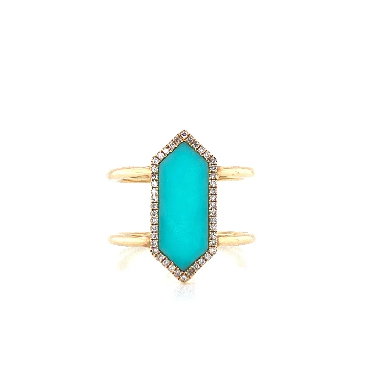 Gold and Silver Rings-14K Yellow Gold Diamond + Turquoise Ring