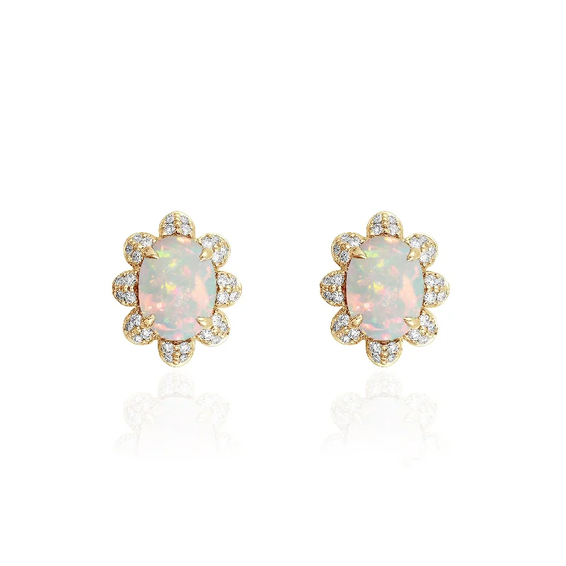 Multi-layered Stud Earrings-Opal Cabochon Stud Earrings with Diamonds