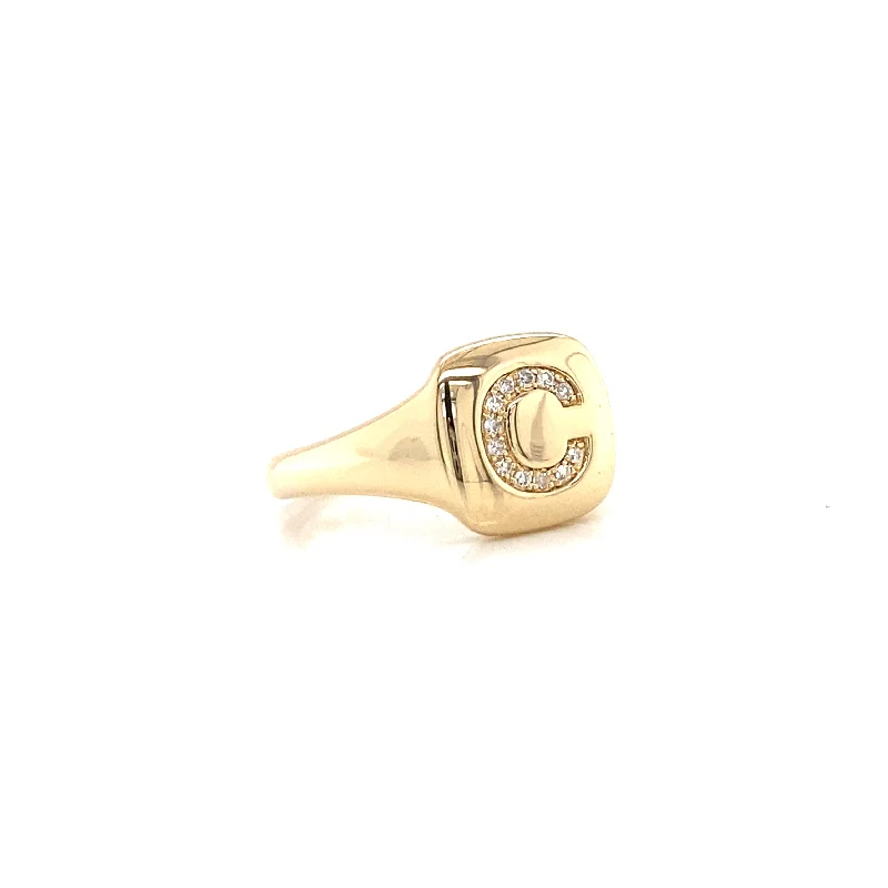 Solitaire Rings-14K Yellow Gold Diamond Initial Signet Ring