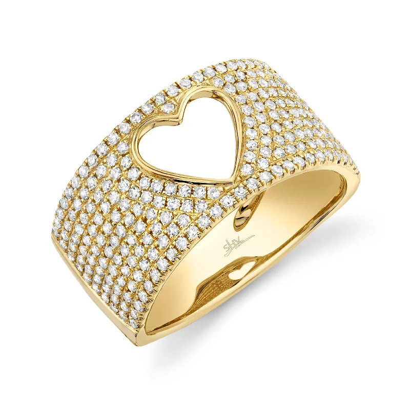 Wedding Rings with Birthstones-14K Yellow Gold Diamond Open Heart Wide Pave Ring