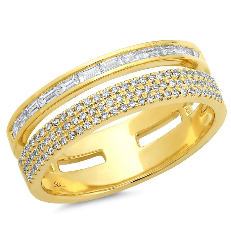 Modern Wedding Rings-14K Yellow Gold Baguette and Triple Row Diamond Ring