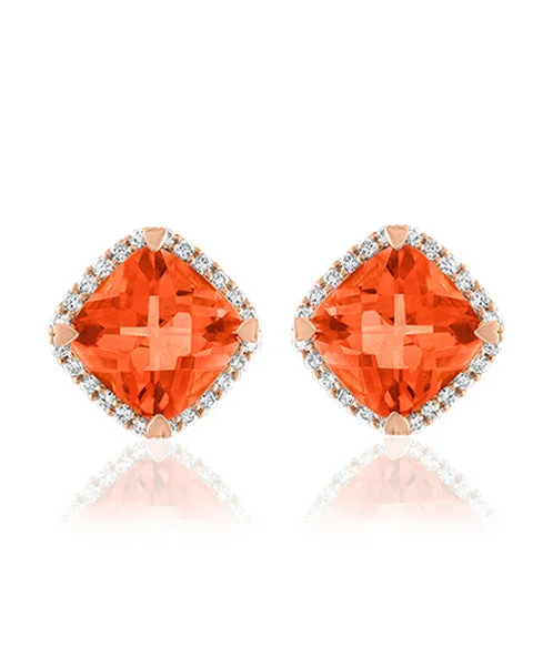 Holiday Earrings-Fire Opal Cushion Shaped Stud Earrings with Diamonds 292-JSA