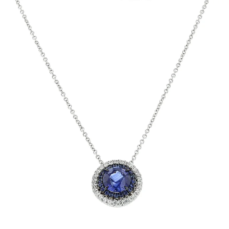 Crystal Pendant Necklaces-18K White Gold Sapphire and Diamond Halo Necklace