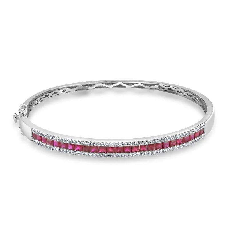 Elegant Silver Bangles-18ct White Gold Princess Cut Ruby & Diamond Hinged Bangle