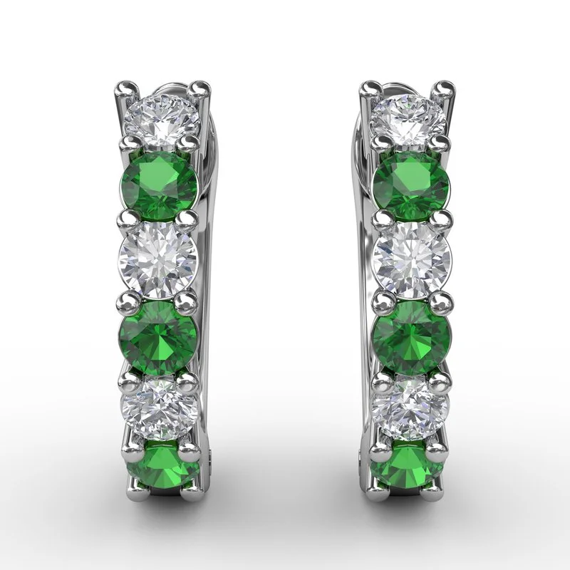 Dainty Earrings-Shared Prong Emerald And Diamond Hoop Earrings ER1494E