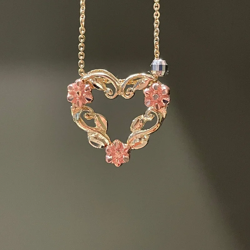 Adjustable Chain Necklaces-Estate 10K Yellow Gold Heart Necklace with Rose Gold Flowers & White Gold Accent Bead