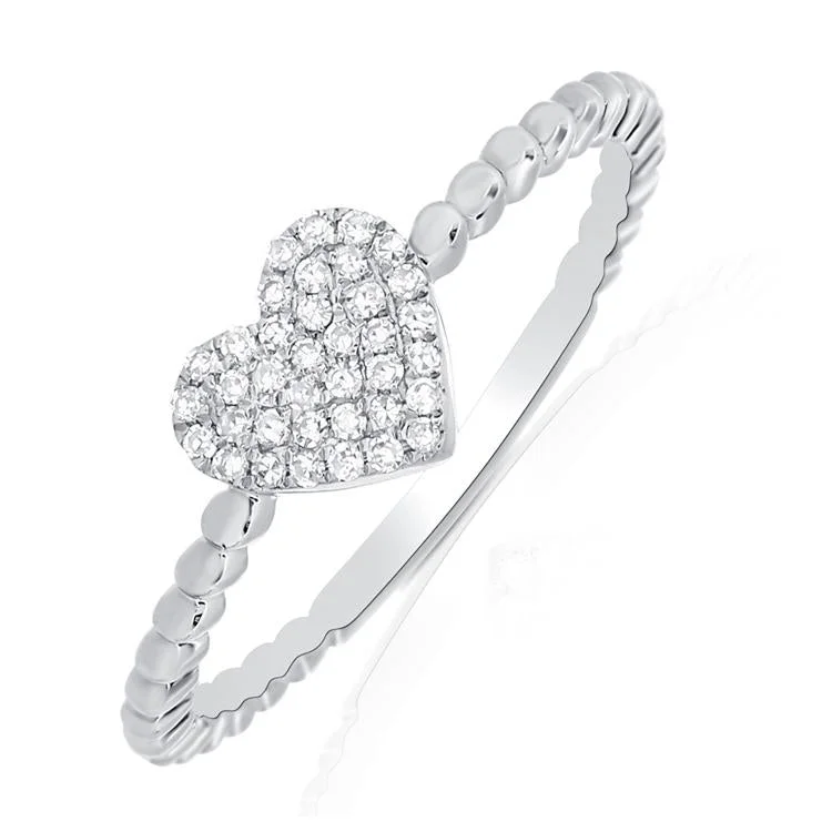 Modern Wedding Rings-14K White Gold Diamond Pave Heart Beaded Ring