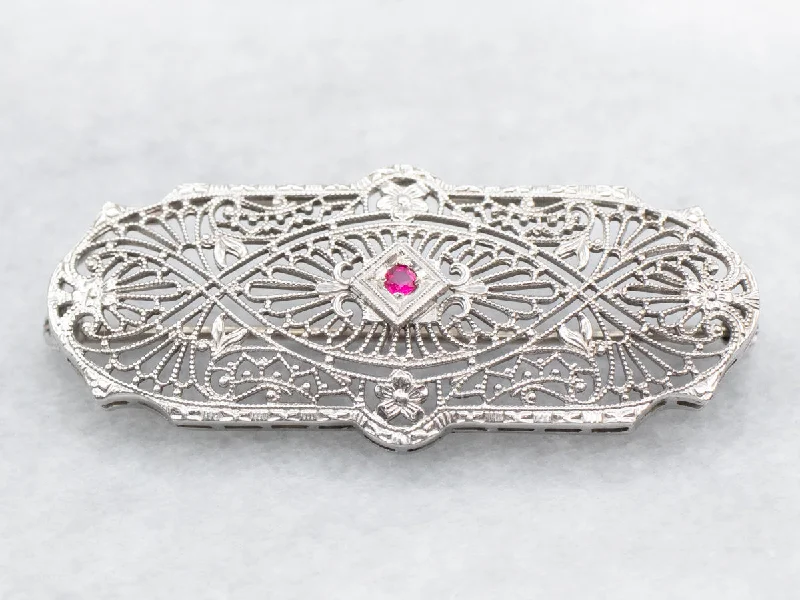 Silver Crystal Butterfly Brooch-Art Deco Synthetic Ruby Filigree Brooch