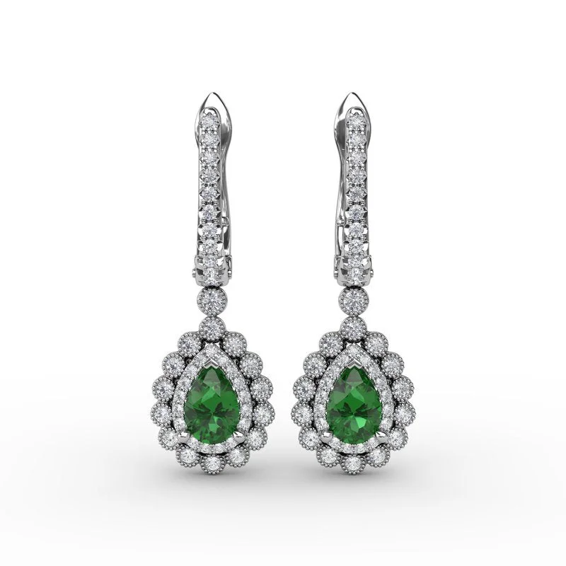 Diamond Dangle Earrings-Pear-Shaped Emerald and Diamond Earrings ER1767E