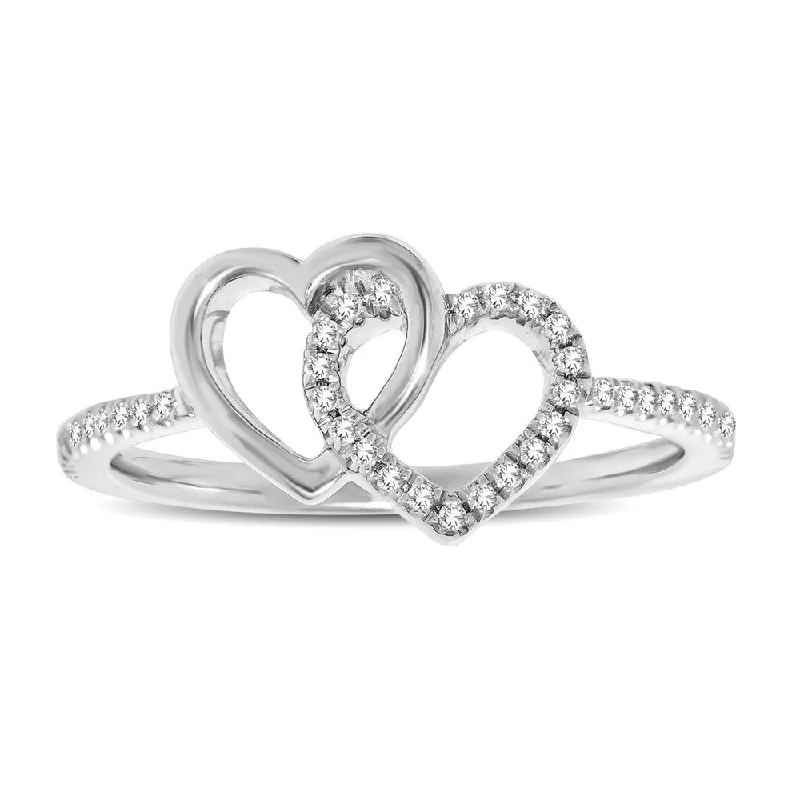 Wedding Band Stack-10K White Gold 1/6 Ctw Diamond Double Heart Ring