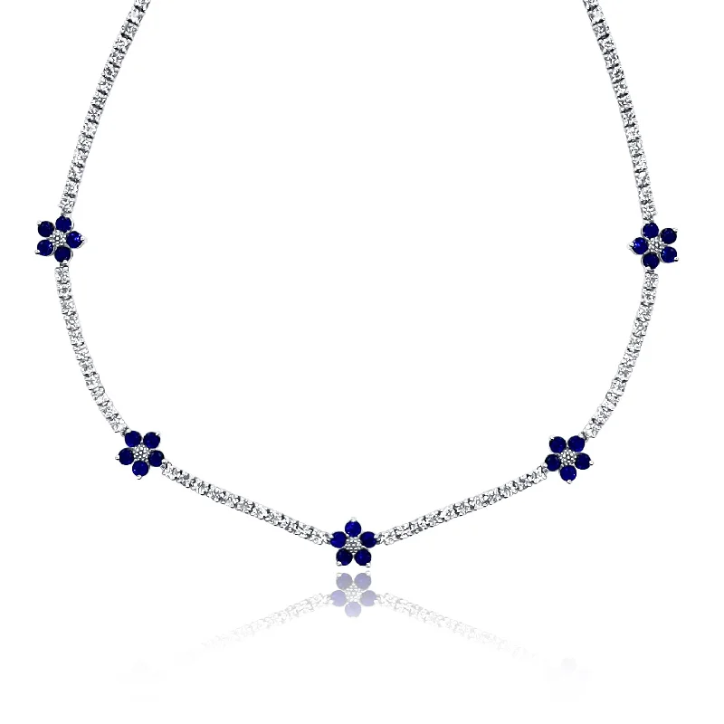 Resin Necklaces-6.00 Cttw Round Diamond and Sapphire Flower Tennis Necklace set in 18K White Gold