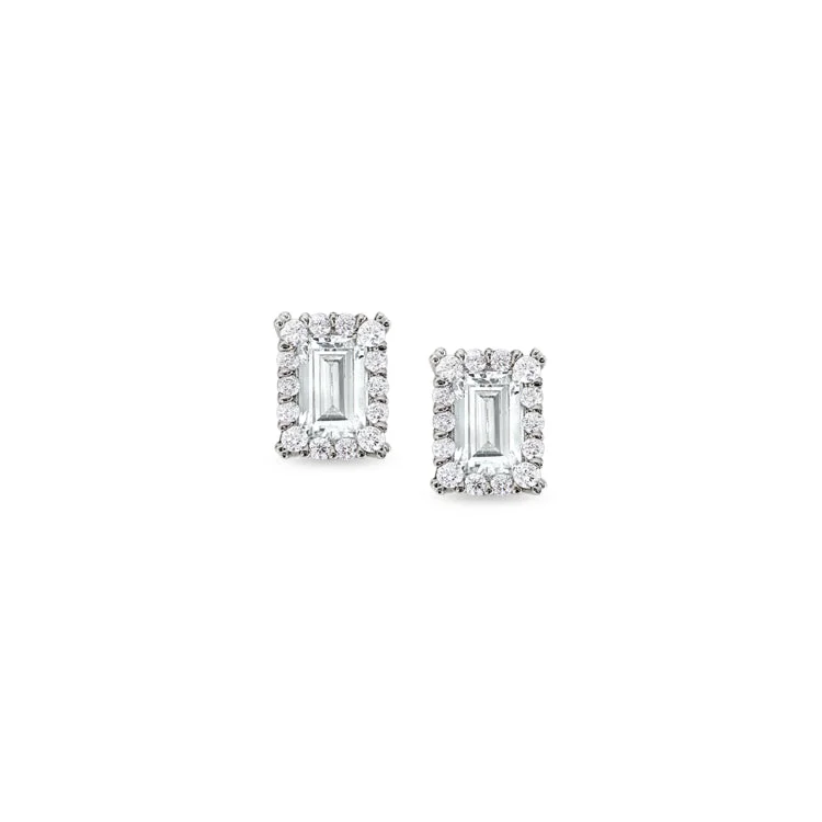 Small Hoop Earrings-Platinum Finish Sterling Silver Emerald Cut Earrings with Simulated Diamonds