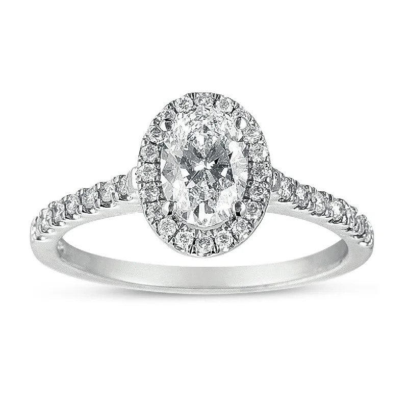 Fine Diamond Rings-14K White Gold Oval and Diamond Halo Engagement Ring