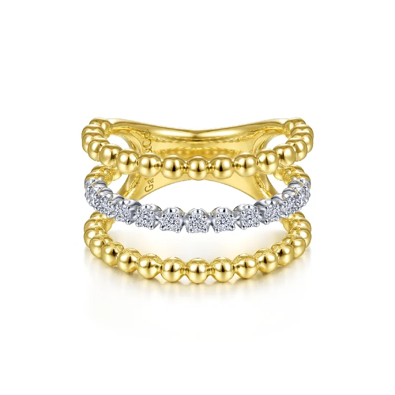 Bridal Wedding Rings-14K Yellow Gold Diamond Triple Row Beaded Ring