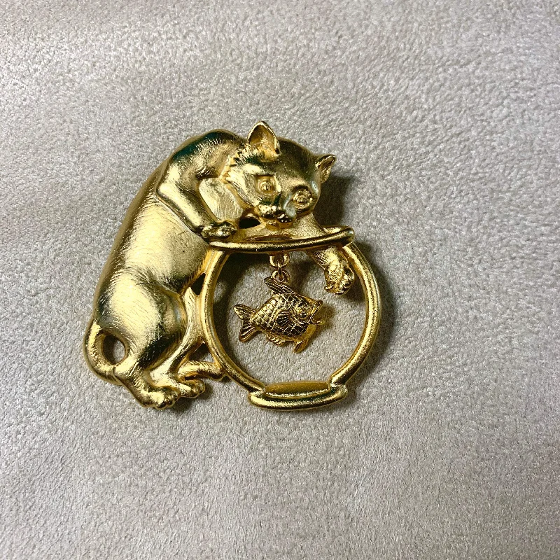 Pearl and Crystal Brooch-JJ cat brooch gold fish bowl