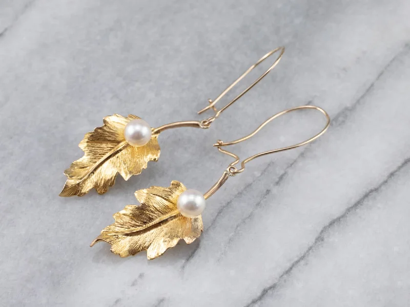 Double Stud Earrings-Pearl Gold Leaf Drop Earrings