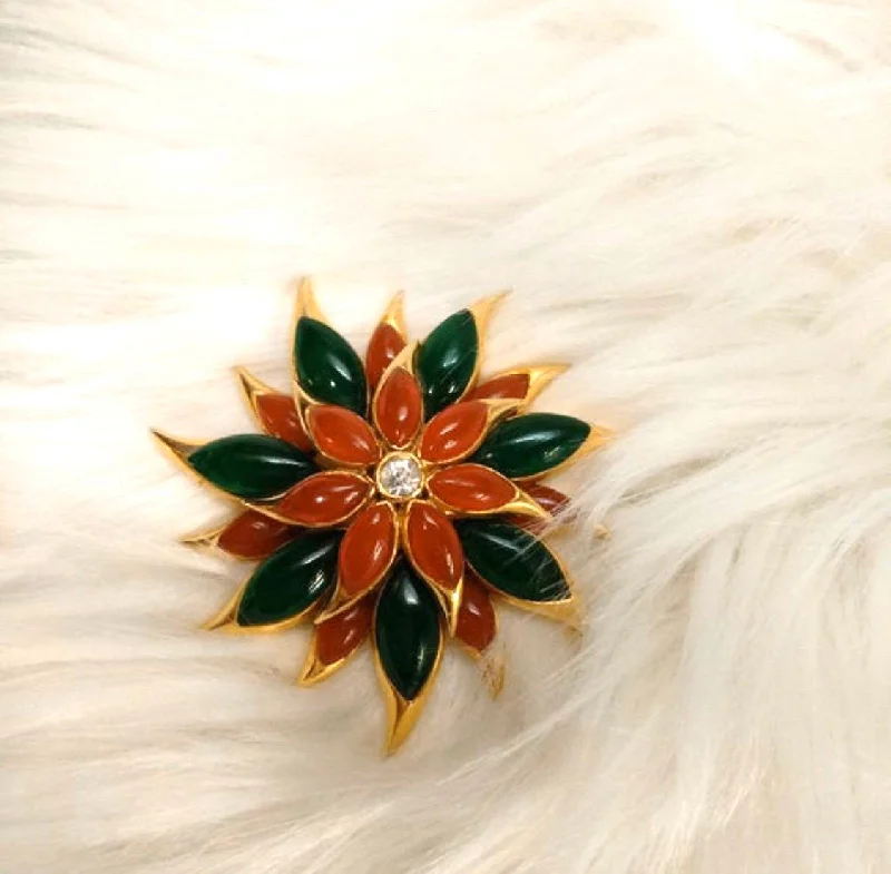 Custom Crystal Brooch-Vintage Sphinx Flower Brooch Green/Red glass flower Carnelian Red Agate