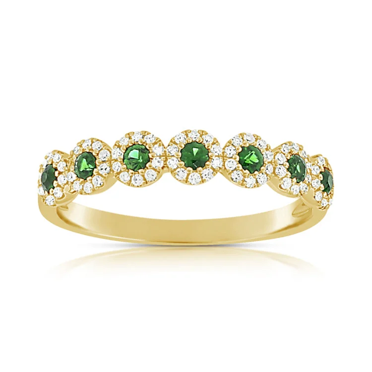 Diamond Eternity Wedding Bands-14K Yellow Diamond Halo + Emerald Band