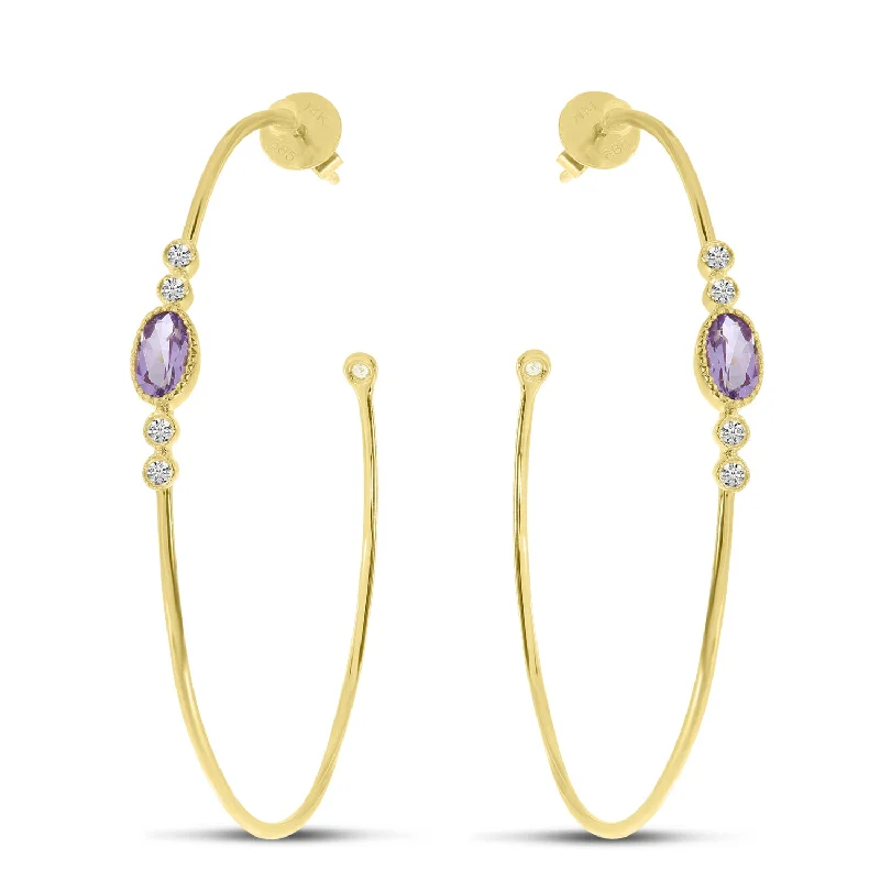 Artistic Hoop Earrings-14K Yellow Gold Oval Amethyst Large Wire Hoop Earrings E4301W