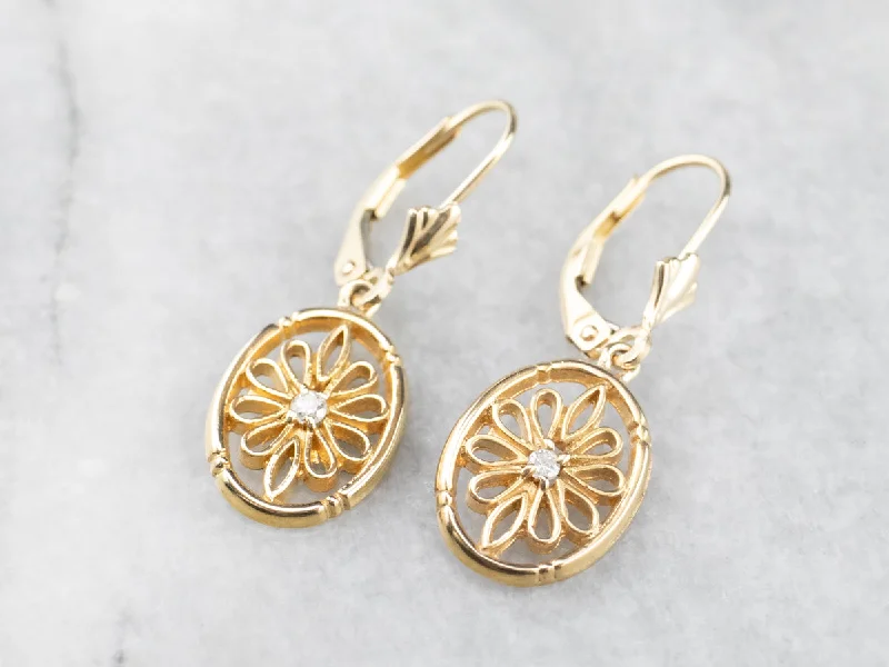 Bar Earrings-Diamond Gold Filigree Drop Earrings