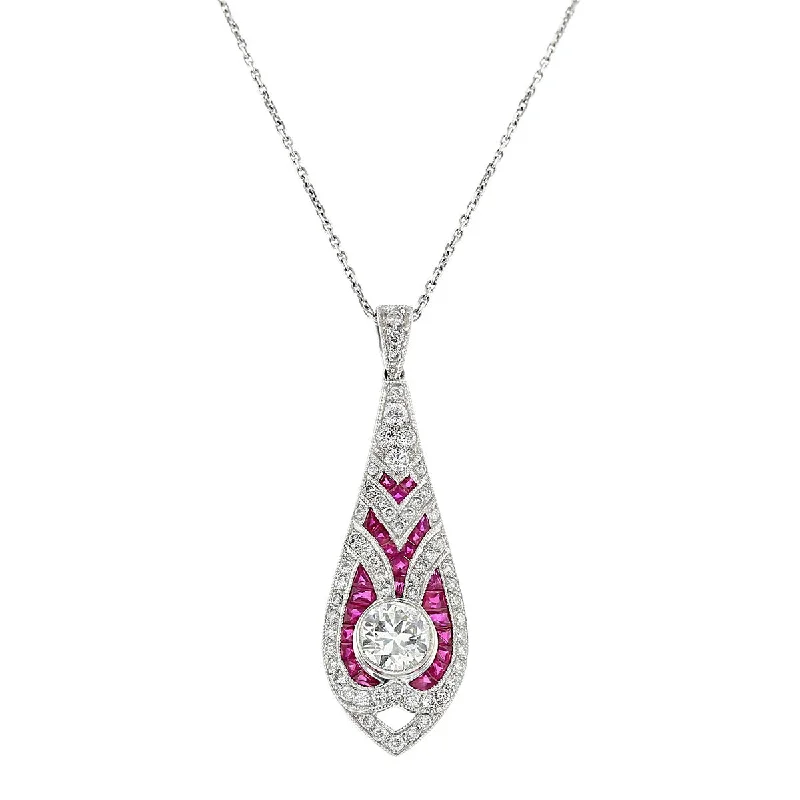 Sweetheart Necklaces-Art Deco Style Diamond and Ruby Pendant Necklace