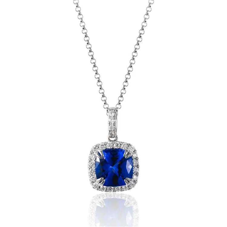 Luxury Necklaces-Luvente 14k White Gold Tanzanite and Diamond Halo Necklace N02229