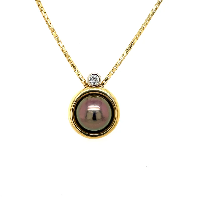 Simple Crystal Necklaces-ESTATE 14K Two-tone Gold Black Pearl & Diamond Accent Necklace