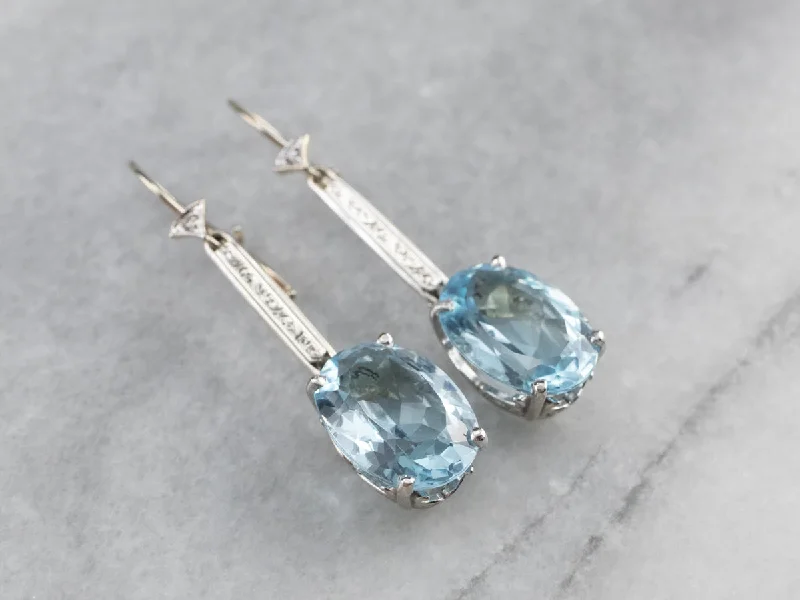 Bohemian Earrings-White Gold Blue Topaz and Diamond Drop Earrings