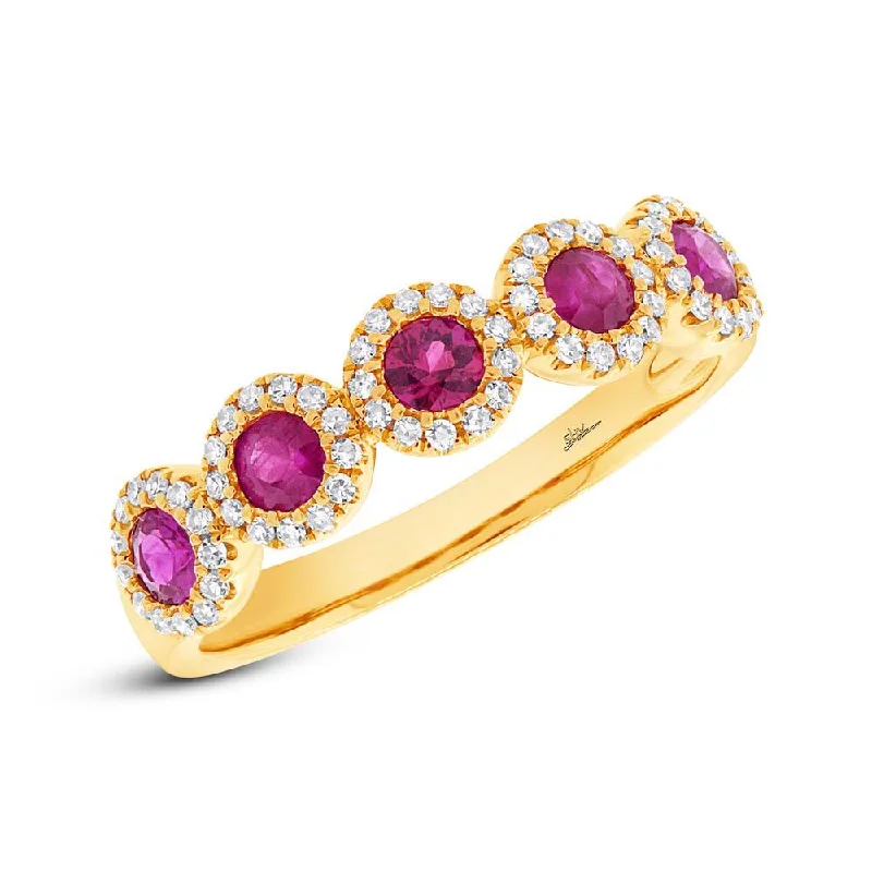 Custom Wedding Rings-14K Yellow Gold Ruby Diamond Halo Band