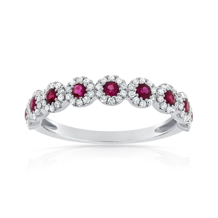 White Gold Rings-14K White Gold Diamond Halo Ruby Ring