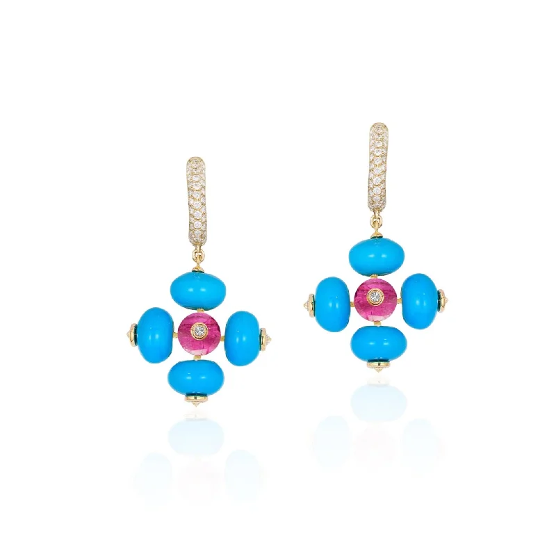 Stone Earrings-Turquoise Rubelite Bead Diamond Drop Earrings