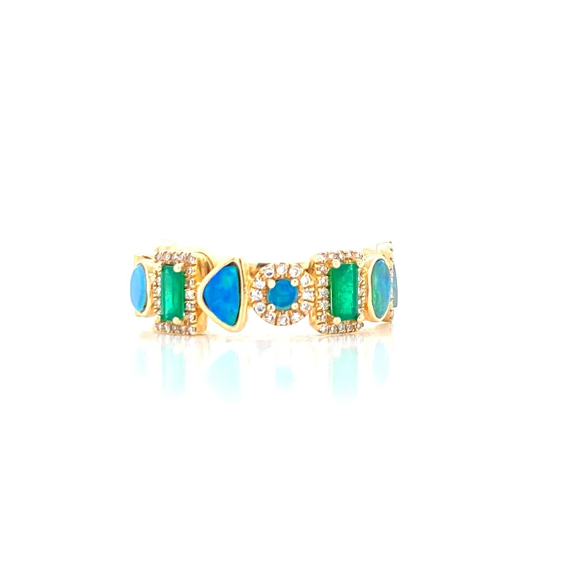 Large Gemstone Rings-14K Yellow Gold Diamond + Emerald + Opal Multi Shape Ring