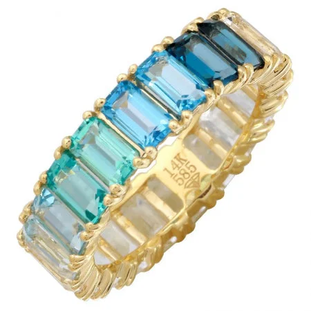 Wide Band Rings-14K Yellow Gold Blue Ombre Gemstone Ring