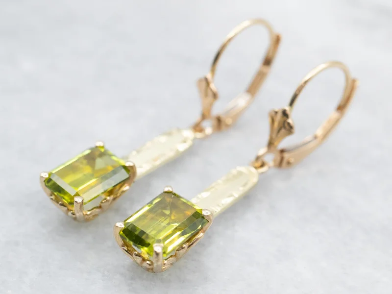 Boho Stud Earrings-Peridot and Gold Bar Drop Earrings