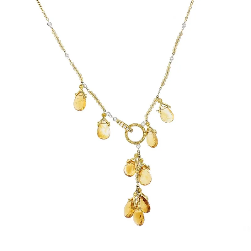 Elegant Charm Necklaces-Briolette Citrine, Yellow Sapphire and Diamond Necklace