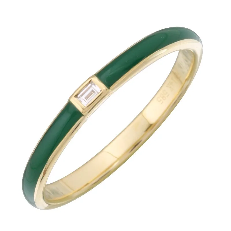 Custom Silver Rings-14k Yellow Gold Green Enamel & Diamond Ring